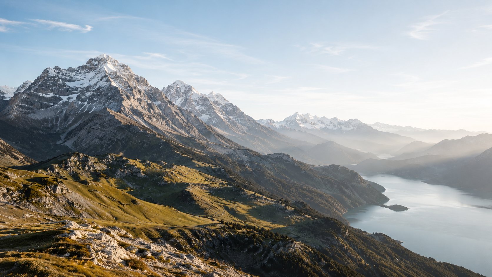 Golden alpine landscape with snow peaks and a lake at first light