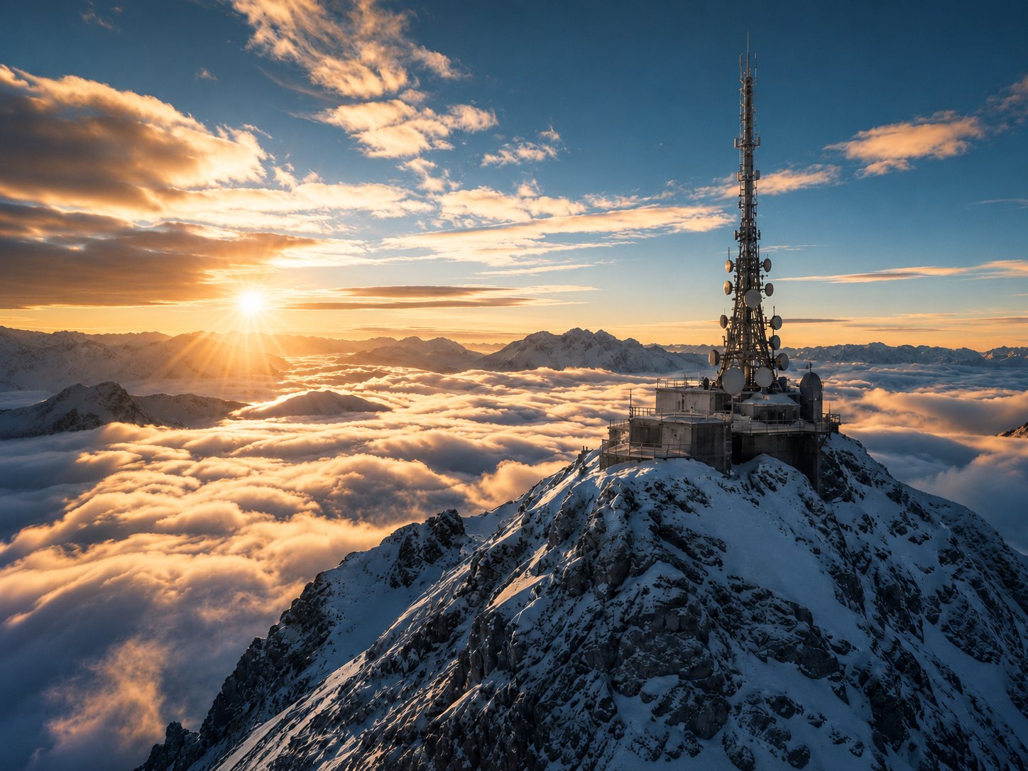 Yellow relay antenna on a snowy summit above the clouds at sunrise
