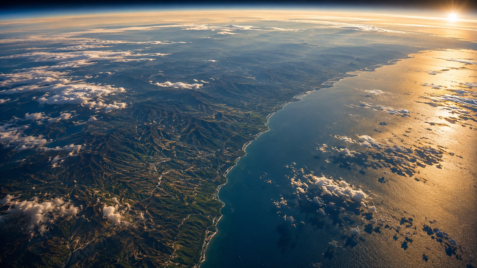 The earth seen from high altitude with the sun rising over a coastline