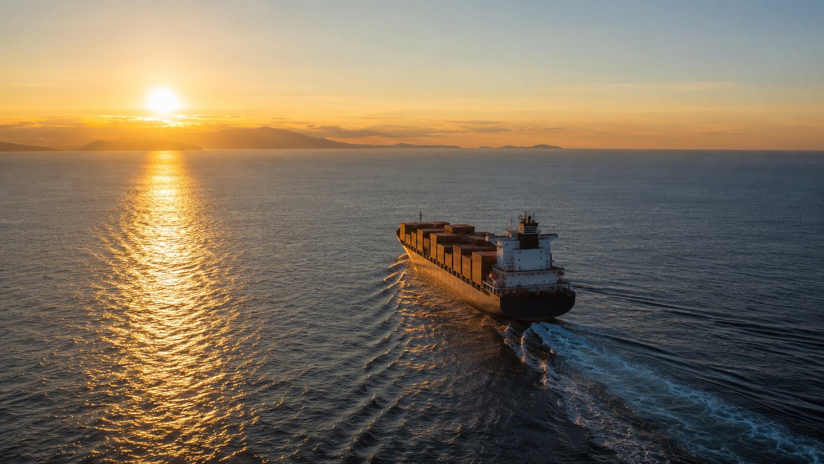 Container ship heading into the sunset on open water
