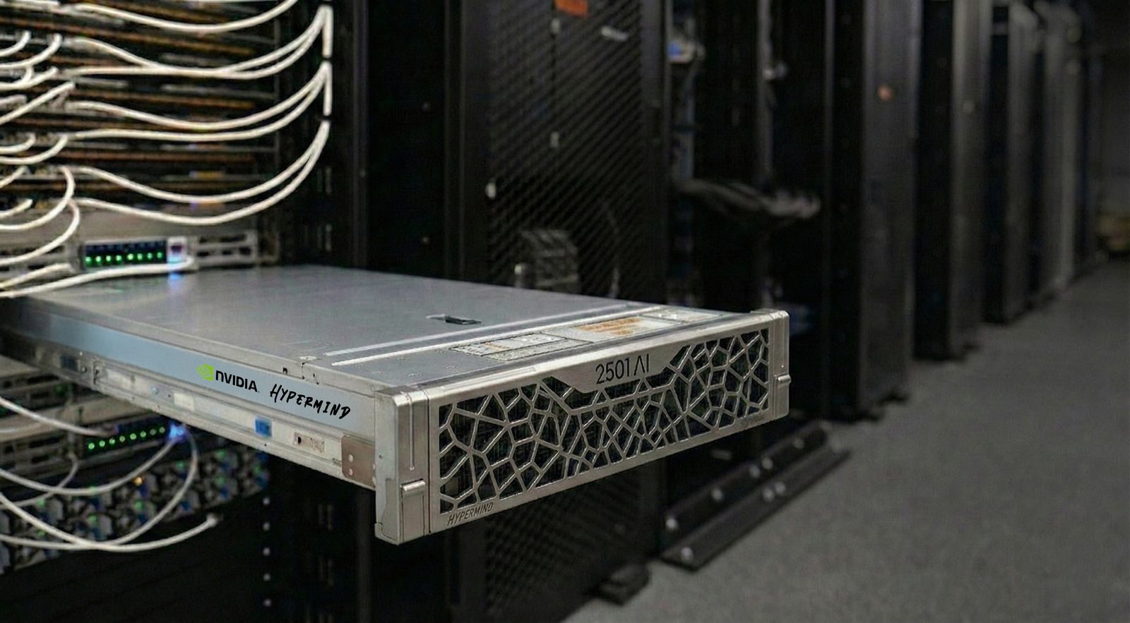 Hypermind and 2501.ai rack server installed in a data center aisle