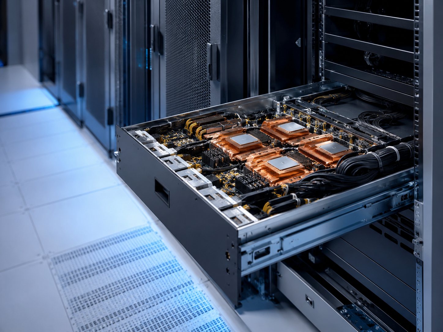 Open GPU server drawer with copper heatsinks in a blue lit aisle